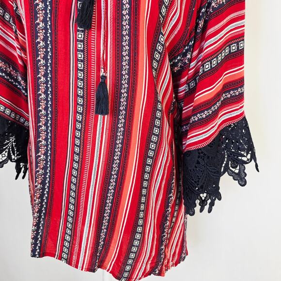 Cato Patriotic Blouse XL Red Striped Tassel Tie Lace Bell Sleeve Americana Boho - Picture 4 of 9